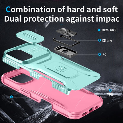 For iPhone 16 Plus Sliding Camshield Holder Phone Case(Grey Green + Pink) - iPhone 16 Plus Cases by buy2fix | Online Shopping UK | buy2fix