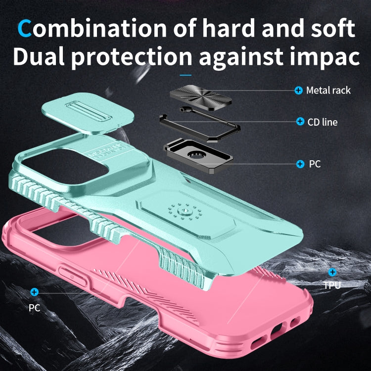 For iPhone 16 Pro Sliding Camshield Holder Phone Case(Grey Green + Pink) - iPhone 16 Pro Cases by buy2fix | Online Shopping UK | buy2fix