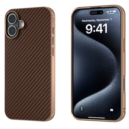 For iPhone 16 Nano Electroplating Carbon Fiber Texture Phone Case(Dark Brown) - iPhone 16 Cases by buy2fix | Online Shopping UK | buy2fix