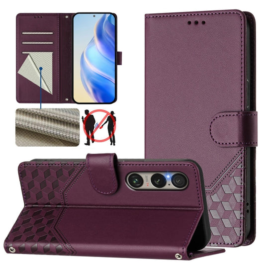 For Sony Xperia 1 VI 2024 Honeycomb Embossing RFID Leather Phone Case(Violet) - Sony Cases by buy2fix | Online Shopping UK | buy2fix