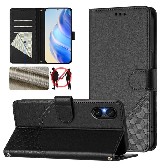 For Sony Xperia 5 VI 2024 Honeycomb Embossing RFID Leather Phone Case(Black) - Sony Cases by buy2fix | Online Shopping UK | buy2fix