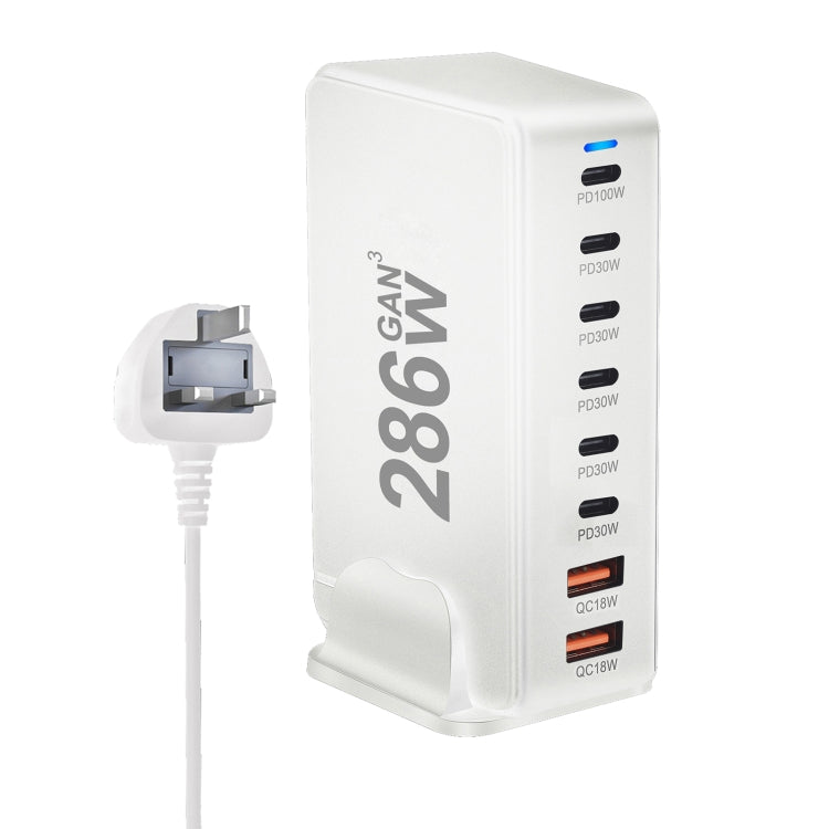 YMX-986 286W 6Type-C, 3USB 8-Ports Desktop Fast Charger, Plug Type:UK Plug(White) - Multifunction Charger by buy2fix | Online Shopping UK | buy2fix