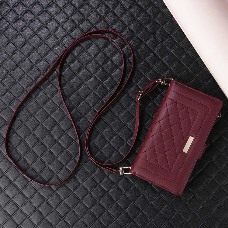 For iPhone 16 Crossbody Zipper Wallet Rhombus Leather Phone Case(Wine Red) - iPhone 16 Cases by buy2fix | Online Shopping UK | buy2fix