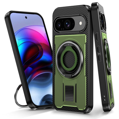 For Google Pixel 9 / 9 Pro Ring Holder Carbon Fiber PC Hybrid TPU Phone Case(Army Green) - Google Cases by buy2fix | Online Shopping UK | buy2fix