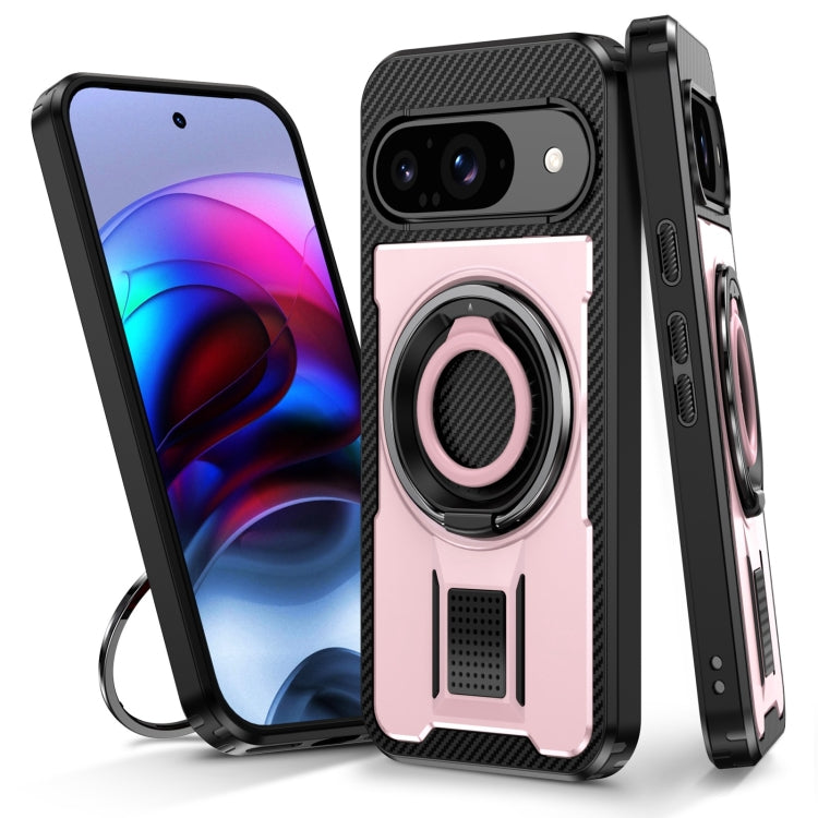 For Google Pixel 9 / 9 Pro Ring Holder Carbon Fiber PC Hybrid TPU Phone Case(Rose Gold) - Google Cases by buy2fix | Online Shopping UK | buy2fix