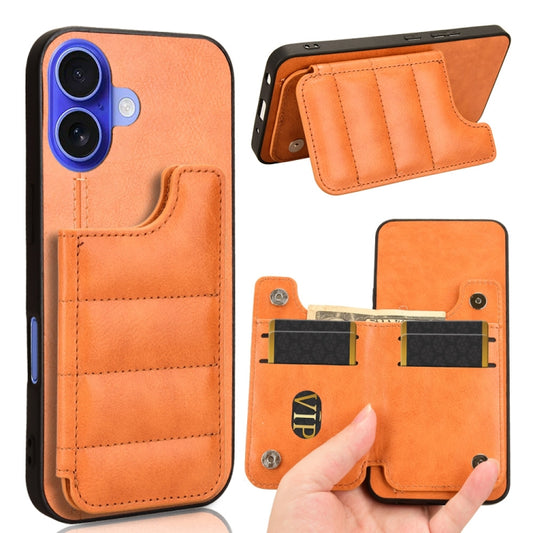 For iPhone 16 Plus Cow Pattern Sewing Card Bag Phone Case(Orange) - iPhone 16 Plus Cases by buy2fix | Online Shopping UK | buy2fix