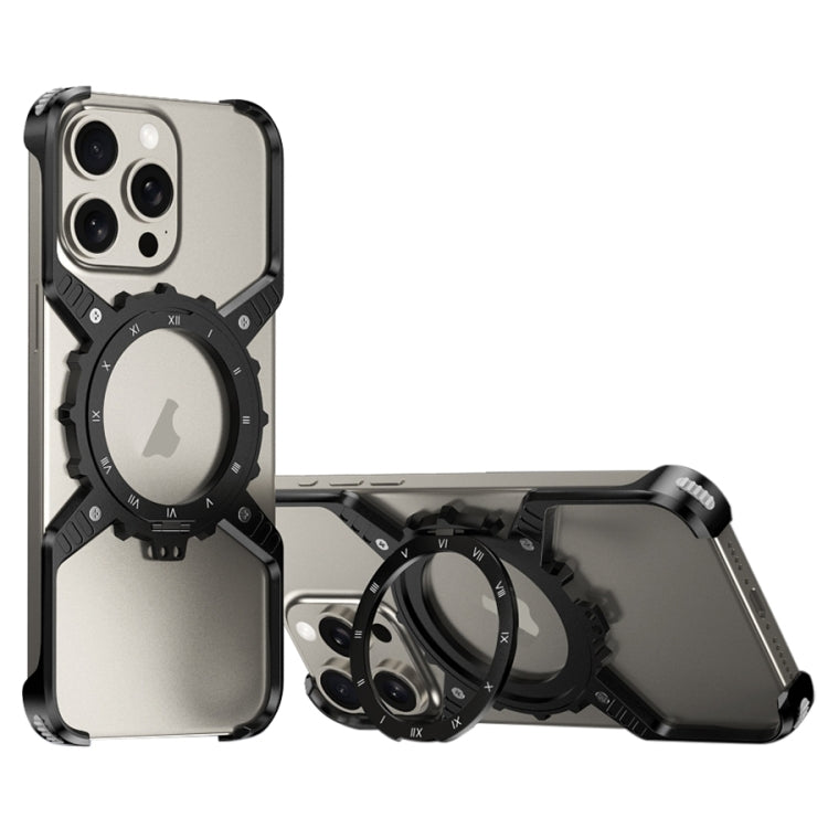 For iPhone 16 Plus / 15 Pro Max Mechanical Gear MagSafe Holder Borderless Metal Phone Case(Black) - iPhone 16 Plus Cases by buy2fix | Online Shopping UK | buy2fix