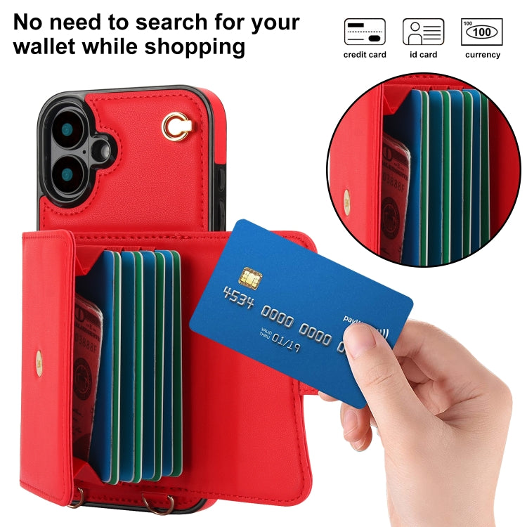 For iPhone 16 Plus RFID Card Slot Phone Case with Long Lanyard(Red) - iPhone 16 Plus Cases by buy2fix | Online Shopping UK | buy2fix