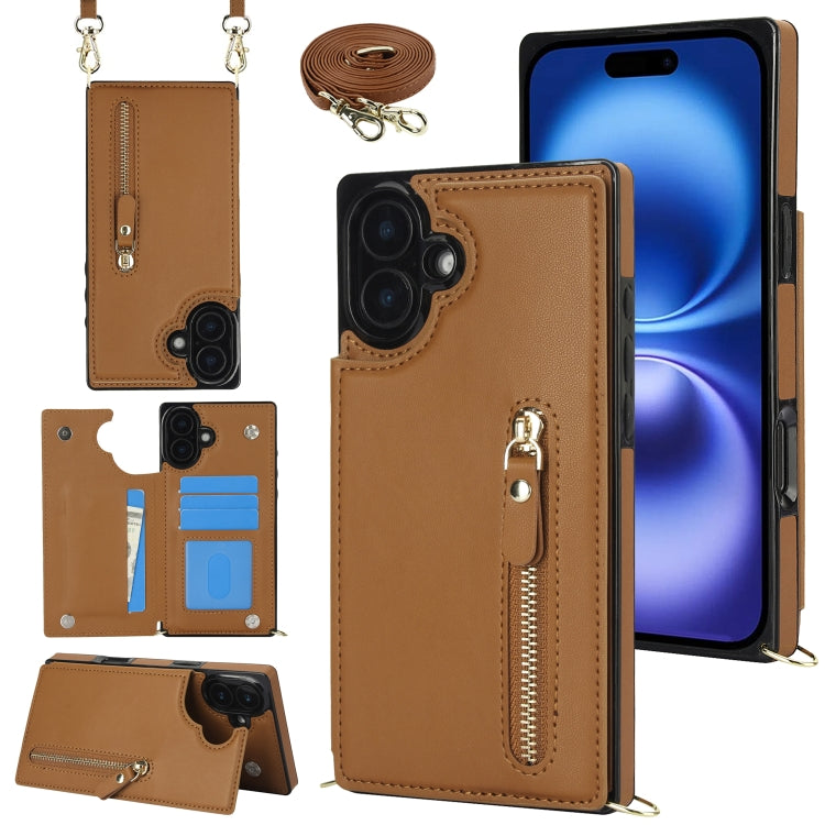 For iPhone 16 Plus Cross-body Zipper Square Phone Case(Brown) - iPhone 16 Plus Cases by buy2fix | Online Shopping UK | buy2fix