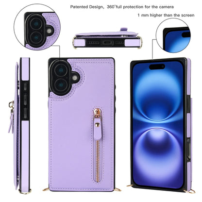 For iPhone 16 Cross-body Zipper Square Phone Case(Purple) - iPhone 16 Cases by buy2fix | Online Shopping UK | buy2fix