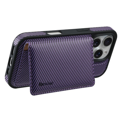 For iPhone 16 Pro Denior Carbon Fiber Texture Leather Card Bag MagSafe Phone Case(Purple) - iPhone 16 Pro Cases by Denior | Online Shopping UK | buy2fix