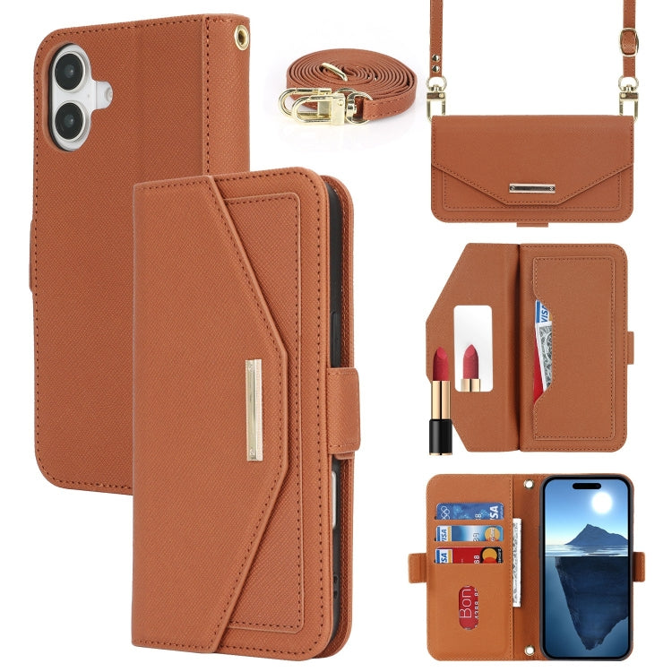 For iPhone 16 Plus Cross Texture Crossbody Lanyard Leather Phone Case(Brown) - iPhone 16 Plus Cases by buy2fix | Online Shopping UK | buy2fix