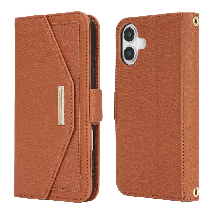 For iPhone 16 Plus Cross Texture Crossbody Lanyard Leather Phone Case(Brown) - iPhone 16 Plus Cases by buy2fix | Online Shopping UK | buy2fix