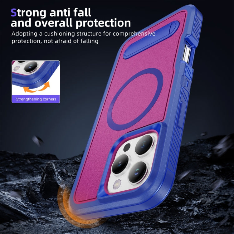 For iPhone 16 Pro Max Guard MagSafe Holder Matte PC Hybrid TPU Phone Case(Blue Rose Red) - iPhone 16 Pro Max Cases by buy2fix | Online Shopping UK | buy2fix