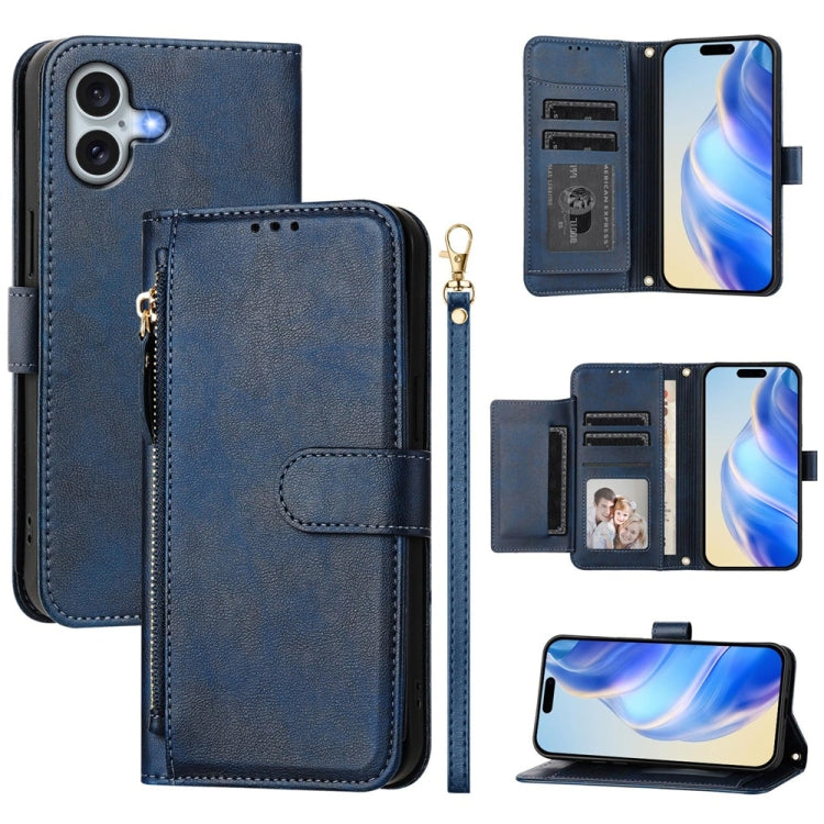 For iPhone 16 Plus Multi-Card Slots Zipper Wallet Leather Phone Case(Blue) - iPhone 16 Plus Cases by buy2fix | Online Shopping UK | buy2fix