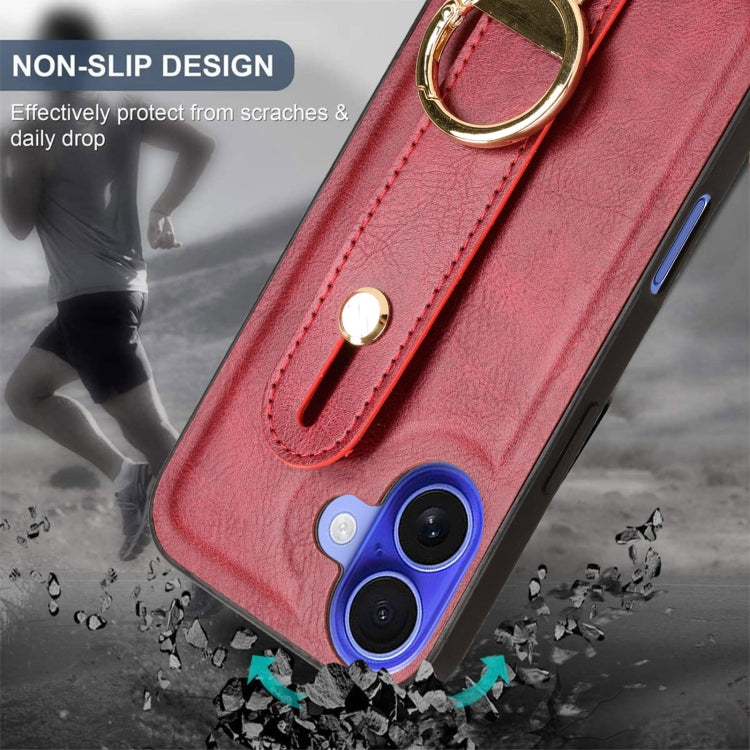 For iPhone 16 Wristband Leather Back Phone Case(Red) - iPhone 16 Cases by buy2fix | Online Shopping UK | buy2fix