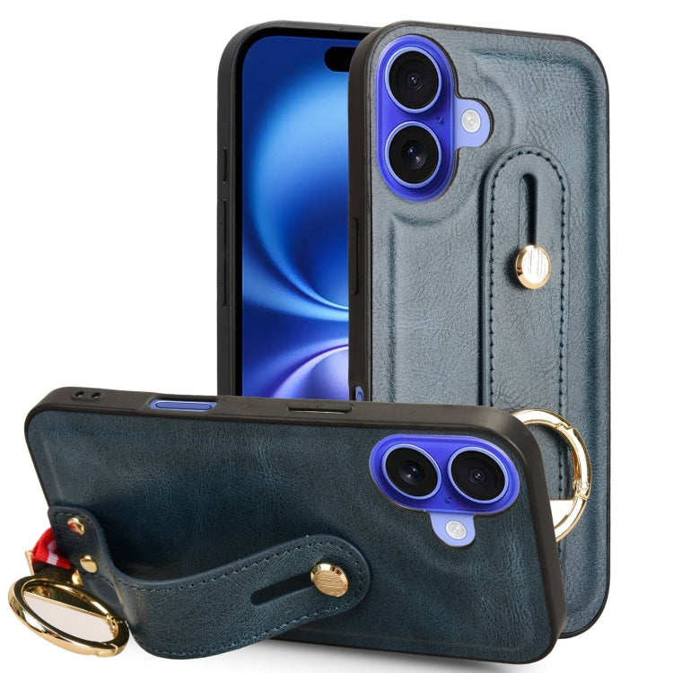 For iPhone 16 Wristband Leather Back Phone Case(Blue) - iPhone 16 Cases by buy2fix | Online Shopping UK | buy2fix