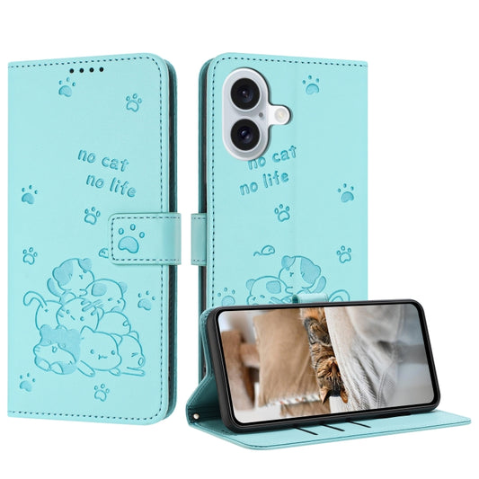 For iPhone 16 Embossed Kitten Phone Leather Case with Lanyard(Mint Green) - iPhone 16 Cases by buy2fix | Online Shopping UK | buy2fix