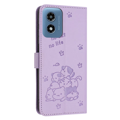 For Motorola Moto G Play 4G 2024 Embossed Kitten Phone Leather Case with Lanyard(Purple) - Motorola Cases by buy2fix | Online Shopping UK | buy2fix