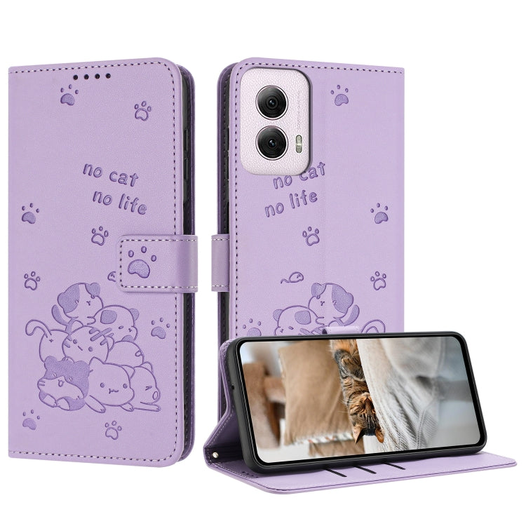 For Motorola Moto G Power 5G 2024 Embossed Kitten Phone Leather Case with Lanyard(Purple) - Motorola Cases by buy2fix | Online Shopping UK | buy2fix