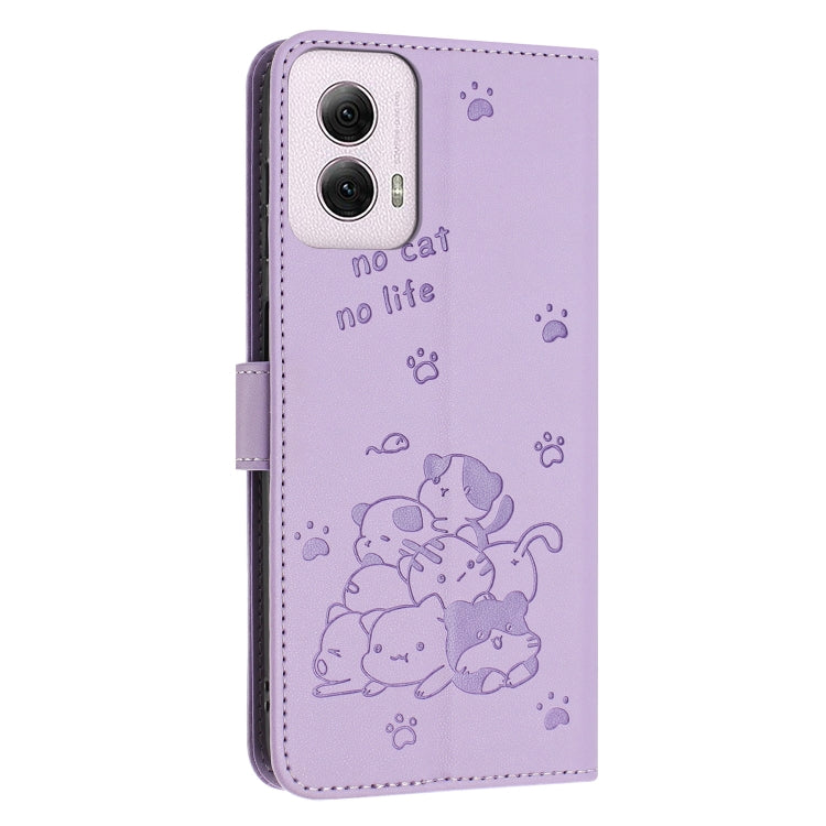 For Motorola Moto G Power 5G 2024 Embossed Kitten Phone Leather Case with Lanyard(Purple) - Motorola Cases by buy2fix | Online Shopping UK | buy2fix