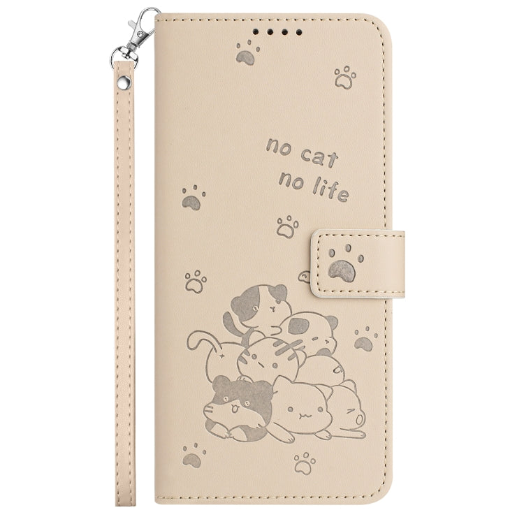 For Motorola Moto G Power 5G 2024 Embossed Kitten Phone Leather Case with Lanyard(Beige) - Motorola Cases by buy2fix | Online Shopping UK | buy2fix