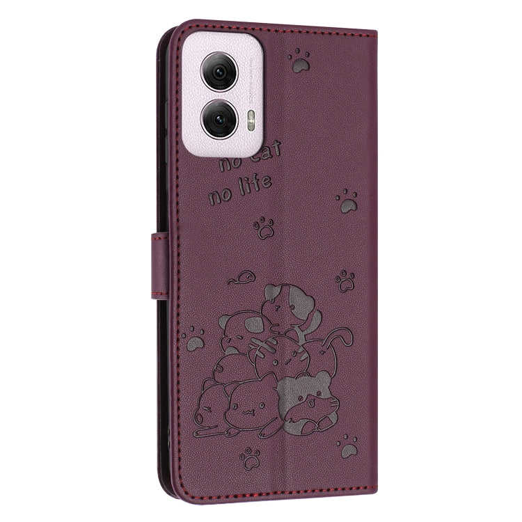 For Motorola Moto G Power 5G 2024 Embossed Kitten Phone Leather Case with Lanyard(Wine Red) - Motorola Cases by buy2fix | Online Shopping UK | buy2fix