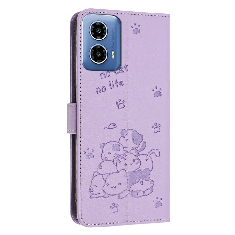 For Motorola Moto G Stylus 5G 2024 Embossed Kitten Phone Leather Case with Lanyard(Purple) - Motorola Cases by buy2fix | Online Shopping UK | buy2fix