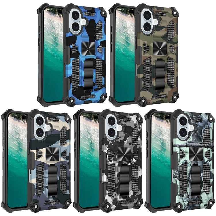 For iPhone 16 Plus Camouflage Armor Kickstand TPU Hybrid PC Magnetic Phone Case(Blue) - iPhone 16 Plus Cases by buy2fix | Online Shopping UK | buy2fix