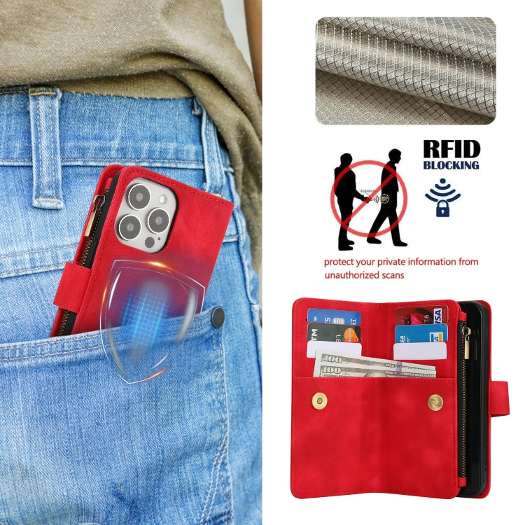 For iPhone 16 Pro Max Dream 9-Card Zipper Wallet RFID Leather Phone Case with Lanyard(Red) - iPhone 16 Pro Max Cases by buy2fix | Online Shopping UK | buy2fix