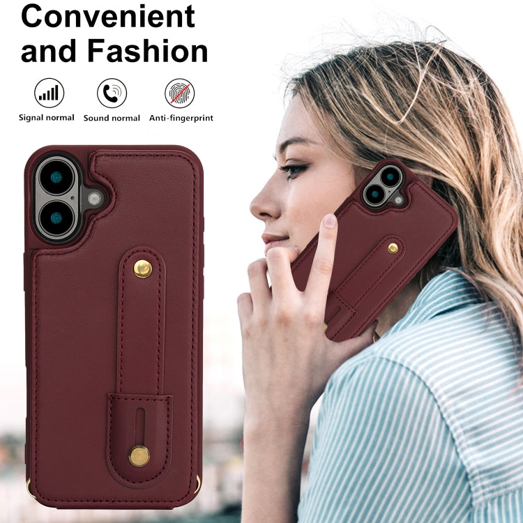 For iPhone 16 Wristband Vertical Flip Wallet Back Cover Phone Case with Long Lanyard(Wine Red) - iPhone 16 Cases by buy2fix | Online Shopping UK | buy2fix