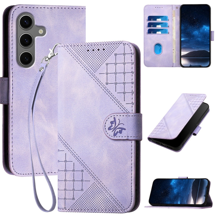 For Samsung Galaxy S25+ 5G YX0080 Grid Butterfly Embossed Pattern Flip Leather Phone Case with Lanyard(Light Purple) - Galaxy S25+ 5G Cases by buy2fix | Online Shopping UK | buy2fix