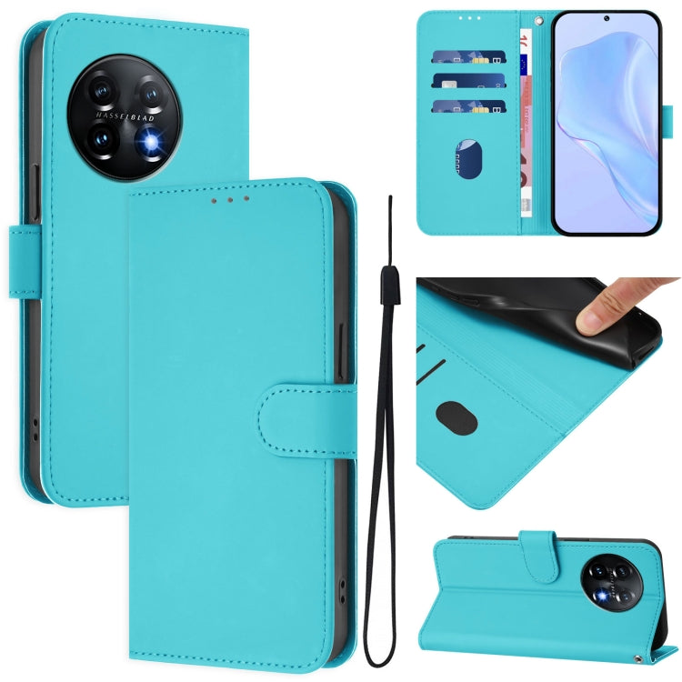 For OnePlus 11 Skin Feel Solid Color Leather Phone Case with Lanyard(Lake Blue) - OnePlus Cases by buy2fix | Online Shopping UK | buy2fix