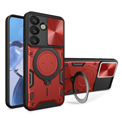 For Samsung Galaxy S25 5G CD Texture Sliding Camshield Magnetic Holder Phone Case(Red) - Galaxy S25 5G Cases by buy2fix | Online Shopping UK | buy2fix