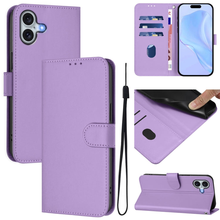 For iPhone 16 Plus Skin Feel Solid Color Leather Phone Case with Lanyard(Lavender Purple) - iPhone 16 Plus Cases by buy2fix | Online Shopping UK | buy2fix