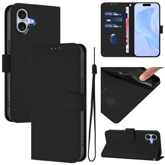 For iPhone 16 Plus Skin Feel Solid Color Leather Phone Case with Lanyard(Black) - iPhone 16 Plus Cases by buy2fix | Online Shopping UK | buy2fix