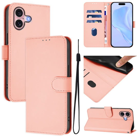 For iPhone 16 Skin Feel Solid Color Leather Phone Case with Lanyard(Pink) - iPhone 16 Cases by buy2fix | Online Shopping UK | buy2fix