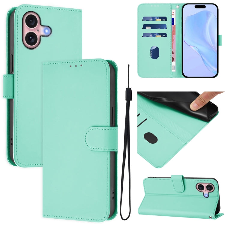 For iPhone 16 Skin Feel Solid Color Leather Phone Case with Lanyard(Mint Green) - iPhone 16 Cases by buy2fix | Online Shopping UK | buy2fix