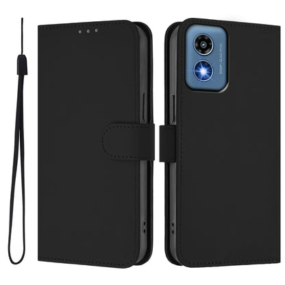 For Motorola Moto G Play 5G 2024 Global Skin Feel Solid Color Leather Phone Case with Lanyard(Black) - Motorola Cases by buy2fix | Online Shopping UK | buy2fix