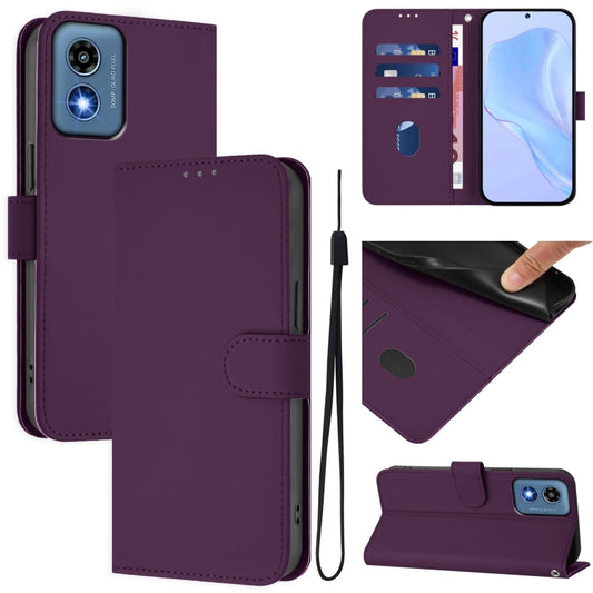 For Motorola Moto G Play 5G 2024 Global Skin Feel Solid Color Leather Phone Case with Lanyard(Violet) - Motorola Cases by buy2fix | Online Shopping UK | buy2fix