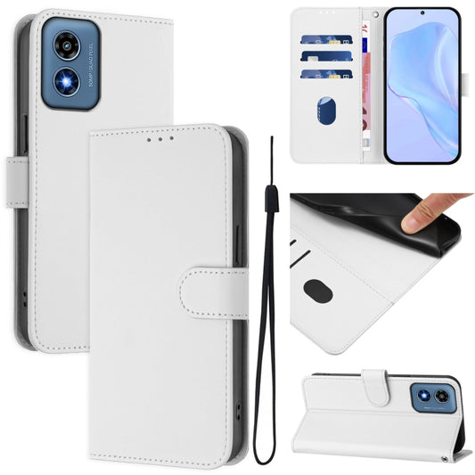 For Motorola Moto G Play 4G 2024 Global Skin Feel Solid Color Leather Phone Case with Lanyard(White) - Motorola Cases by buy2fix | Online Shopping UK | buy2fix