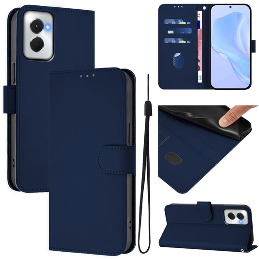 For Motorola Moto G Power 5G 2024 Skin Feel Solid Color Leather Phone Case with Lanyard(Navy Blue) - Motorola Cases by buy2fix | Online Shopping UK | buy2fix