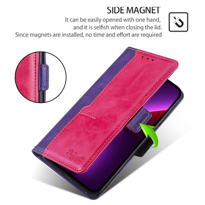 For iPhone 16 Contrast Color Side Buckle Leather Phone Case(Purple + Rose Red) - iPhone 16 Cases by buy2fix | Online Shopping UK | buy2fix