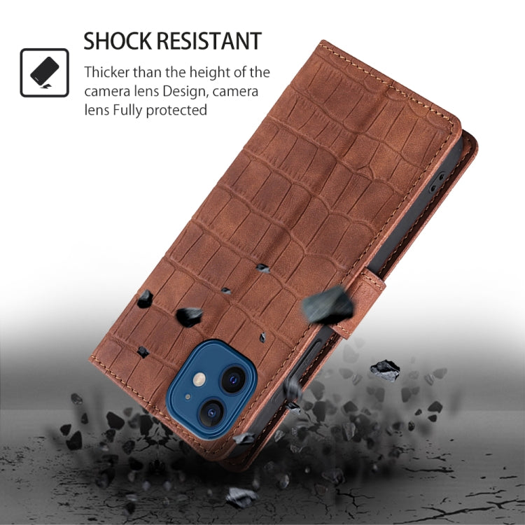 For iPhone 16 Plus Skin Feel Crocodile Magnetic Clasp Leather Phone Case(Brown) - iPhone 16 Plus Cases by buy2fix | Online Shopping UK | buy2fix