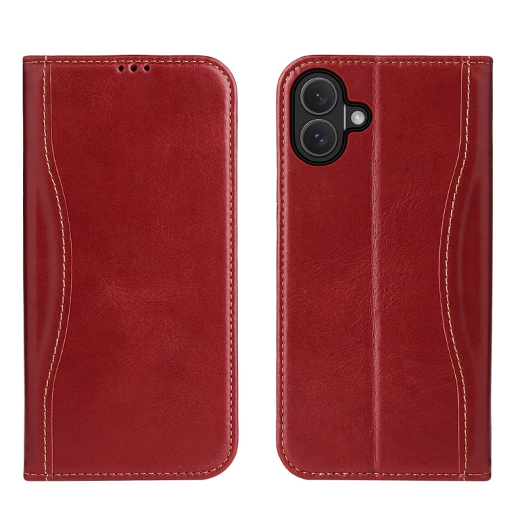 For iPhone 16 Plus Fierre Shann Cowhide Leather Flip Leather Phone Case(Red) - iPhone 16 Plus Cases by FIERRE SHANN | Online Shopping UK | buy2fix