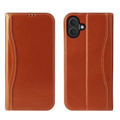 For iPhone 16 Fierre Shann Cowhide Leather Flip Leather Phone Case(Brown) - iPhone 16 Cases by FIERRE SHANN | Online Shopping UK | buy2fix