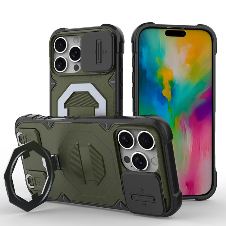 For iPhone 16 Pro Camera Shield Armor MagSafe Holder Phone Case with Strap(Dark Green) - iPhone 16 Pro Cases by buy2fix | Online Shopping UK | buy2fix