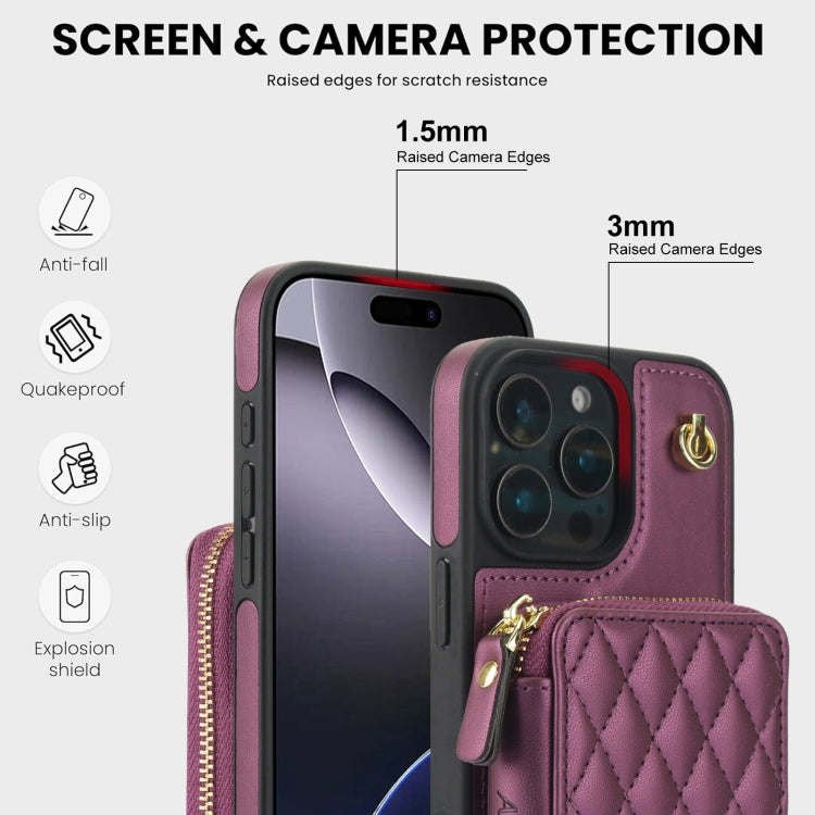 For iPhone 16 Pro Max AwQuer Crossbody Zipper Wallet Rhombic Leather Back Phone Case(Dark Purple) - iPhone 16 Pro Max Cases by Awquer | Online Shopping UK | buy2fix