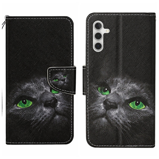 For Samsung Galaxy S25 5G Colored Drawing Pattern Leather Phone Case(Black Cat) - Galaxy S25 5G Cases by buy2fix | Online Shopping UK | buy2fix