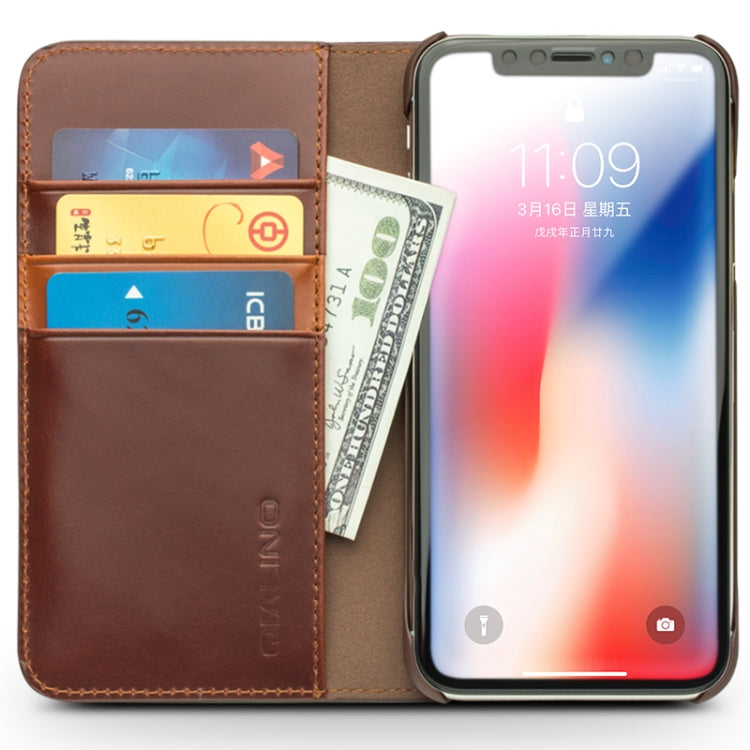 For iPhone X / XS QIALINO Crazy Horse Business Horizontal Flip Leather Case with Holder & Card Slots, Style:Without Buckle(Brown) - More iPhone Cases by QIALINO | Online Shopping UK | buy2fix
